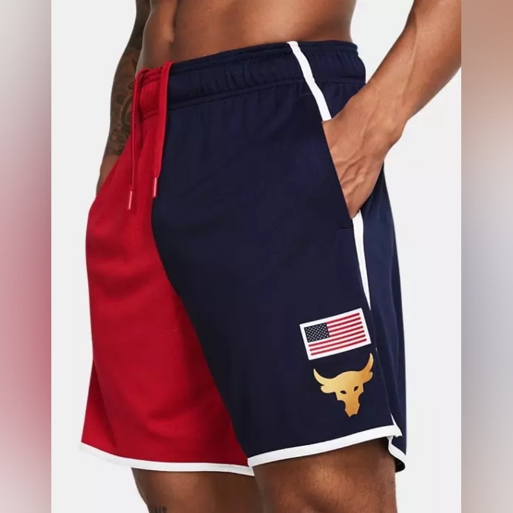 Under Armour Shorts Mens UA Project Rock 7” Red White Blue 1383311-600